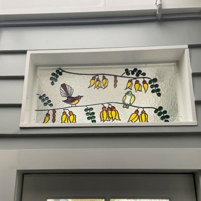 installed fantail and silvereye with kowhai custom leadlight llw