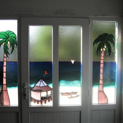 installed custom tropical leadlight set inside view llw