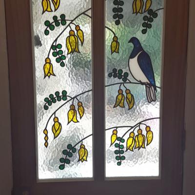 installed kereru with kowhai set custom leadlight llw