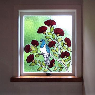 installed kereru with pohutukawa custom leadlight llw