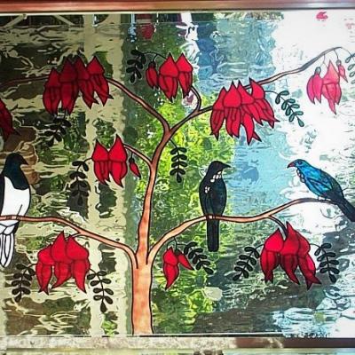 kereru and tuis with red kakabeak custom leadlight design llw