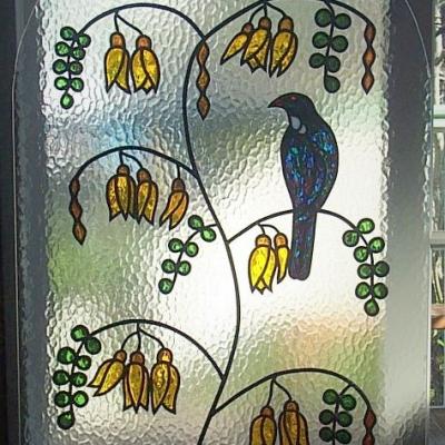 tui with kowhai custom leadlight design