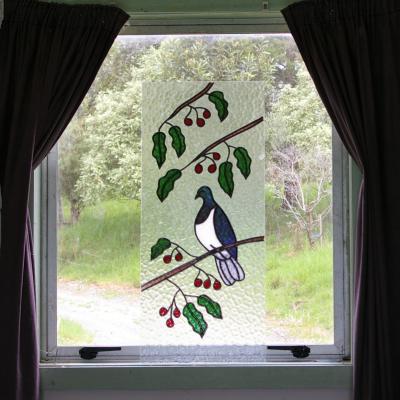 kereru with leaves and berries custom leadlight llw