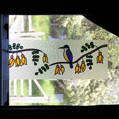 kingfisher with kowhai custom leadlight