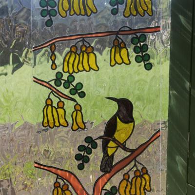 kowhai with bird leadlight llw